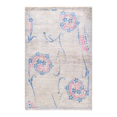 Tapis unique noué à la main Sofer Eclectic - gris / bleu / rose, 4 pi 4 po x 6 pi 7 po