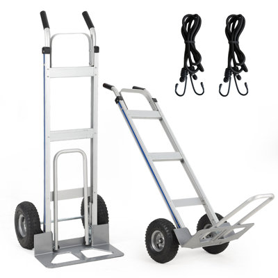 Heavy Duty Aluminum Hand Truck Dolly - 600 lbs Capacity, Collapsible Cart with Extendable Base Plate, 10" Pneumatic Tires, 2 Elastic Cords - Ideal for Warehouse, Home, Supermarket - Silver
