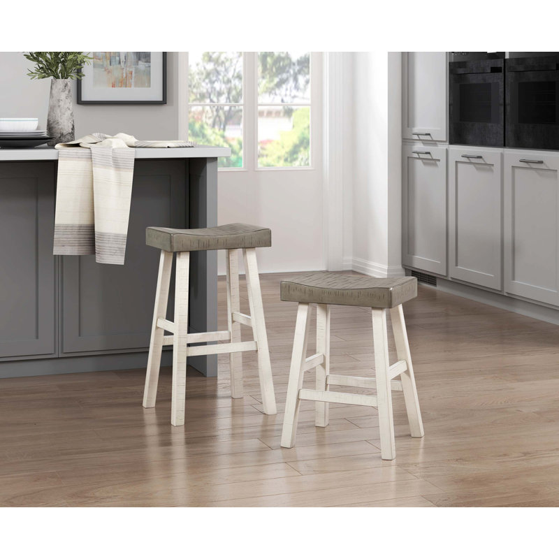 Ensemble de 2 tabourets de bar de style transitionnel en bois d'hévéa massif, Blanc / café