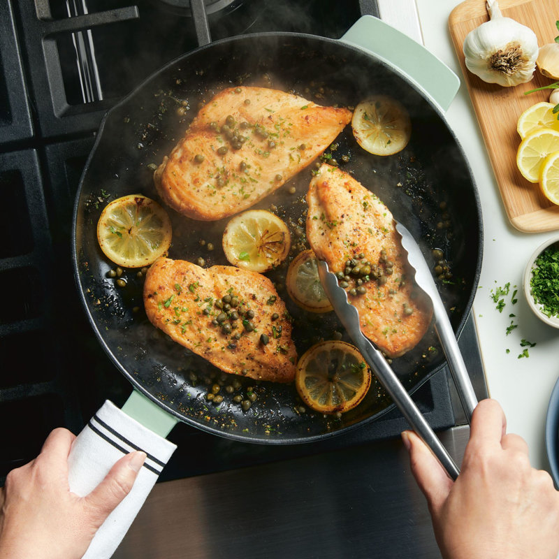 KitchenAid Enameled Cast Iron Induction Skillet with Helper Handle and Pour Spouts, 12 Inch, Green