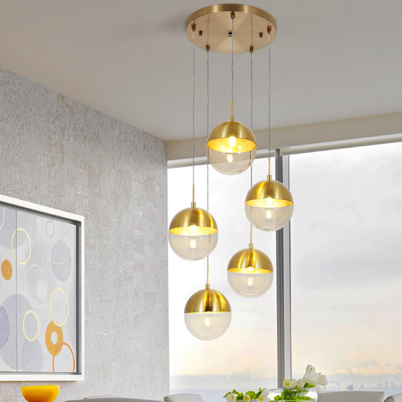 5 - Light Dimmable Globe Chandelier with Brush Gold Finsh