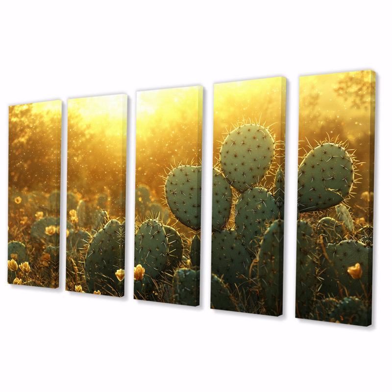 Cactus dans la lumière dorée I - décoration murale cactus floral - art mural traditionnel, H 28 po x l 60 po, 5