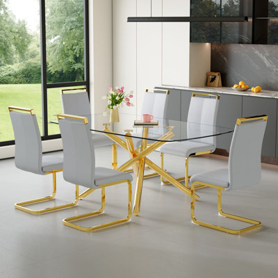 71" Modern Glass Dining Table Set With Leather Chairs — Luxury Dining Room Table Set For 6–8