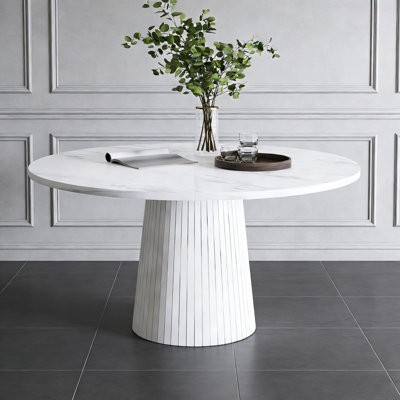 47 Inch Round MDF Dining Table For 4, Modern Farmhouse Kitchen Table With Wood Strip Base,For Kitchen And Living Room
