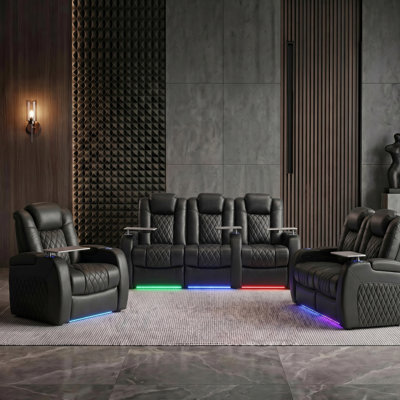 Genuine Leather Power Reclining Living Room Set With Zero Gravity Comfort, 7-Color LED Ambient Lighting, Adjustable Headrest, USB Charging & Cup Holders