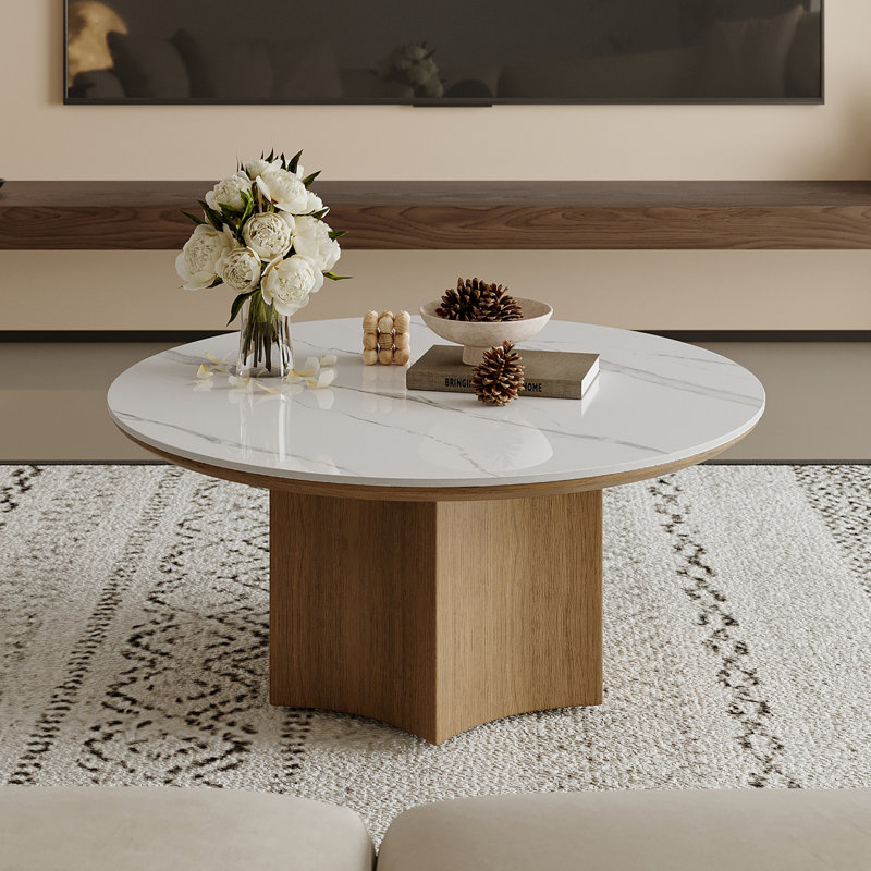 Round Faux Marble Coffee Table with Solid Wood Base - Modern Easy Assembly Living Room Coffee Table for Home Decor, White