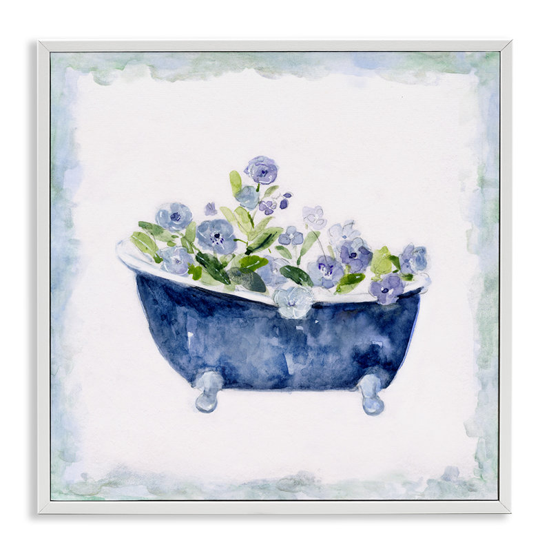 Charming Blue Bathtub Botanical Floral Design Watercolor Border by Sally Swatland - Painting, 12" H x 12" W
