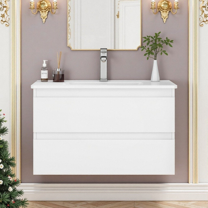 Meuble-lavabo mural Seren de 81 cm (32 pouces) en bois massif avec lavabo en céramique, double tiroir et système de fermeture amortie