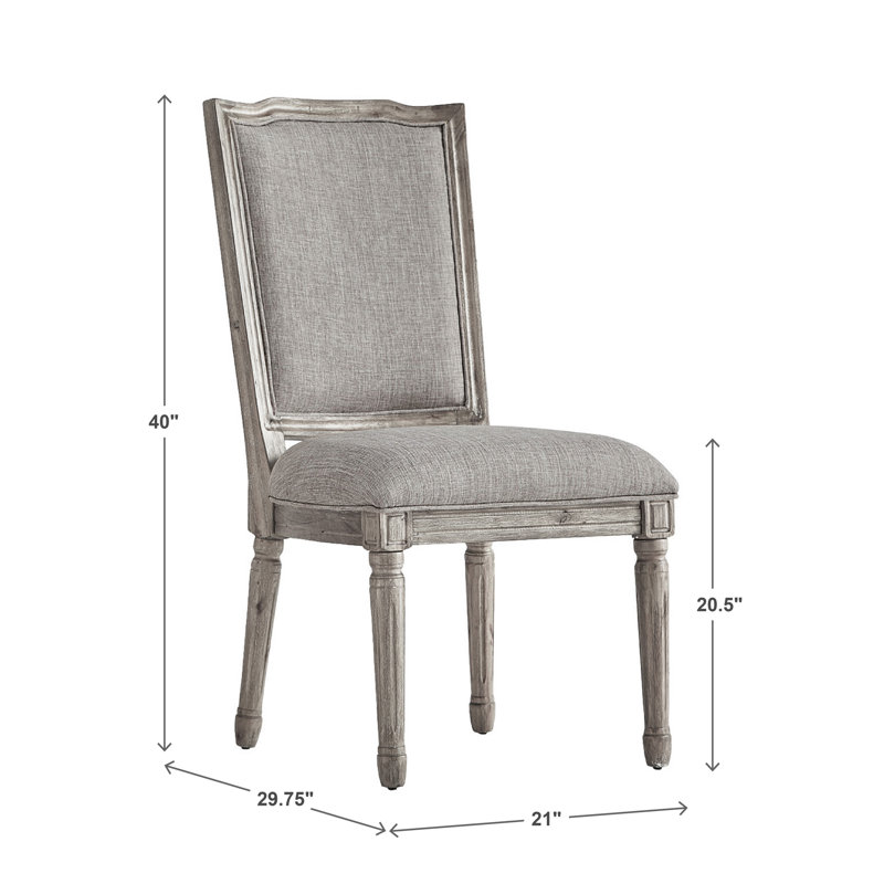 Chaise d'appoint rembourrée ornée Hildemar, Lin gris, Chêne gris antique