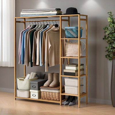 Donavon Natural Bamboo Wooden Clothes Rack Garment Rail Garment Rack Open Wardrobe Storage Shelves Bedroom