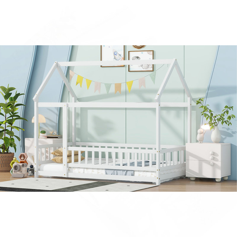 Full Size House Floor Bed With Roof Frame, Safety Guardrails,Whtie, Twin, White