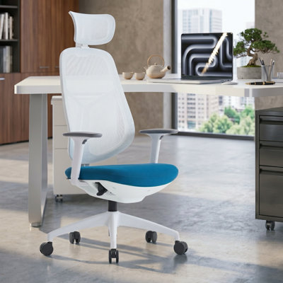 Chaise de bureau ergonomique avec appui-tête et dossier en filet, siège d'ordinateur haut avec dossier et accoudoirs réglables et hauteur, chaise de travail confortable avec coussin épais