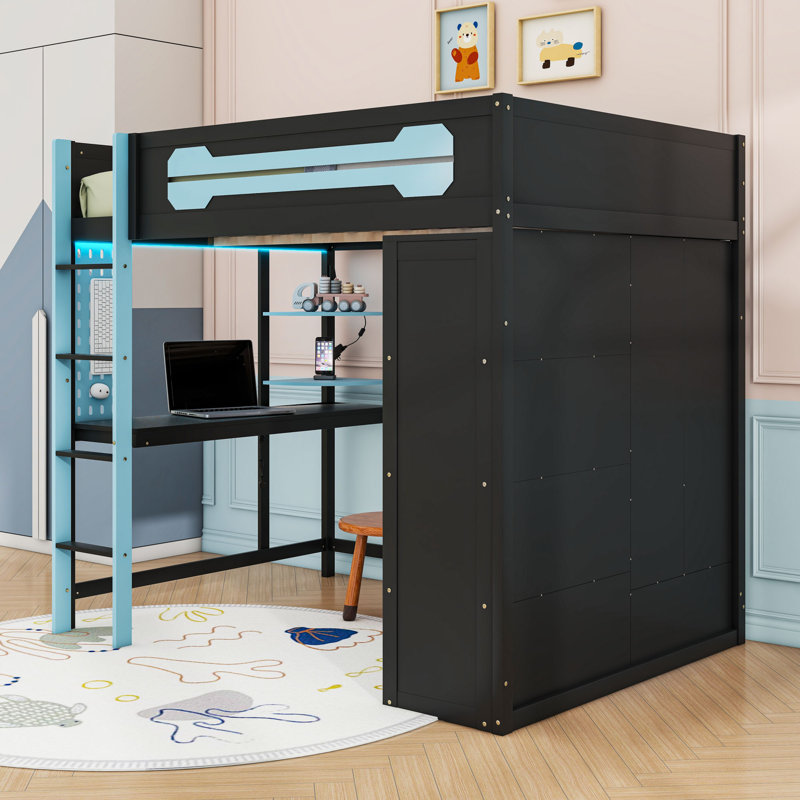 Full Size Wood Loft Bed with RGB Lighting and Desk, Blue