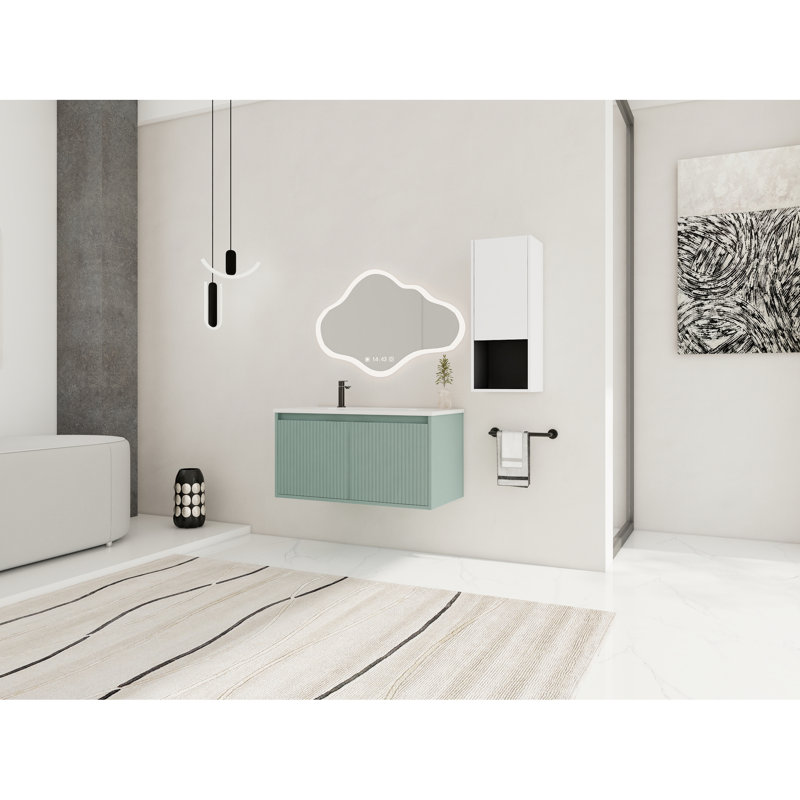 Armoire de salle de bain 36 po avec lavabo en résine et armoire latérale, 36 po, blanc, contemporain, unité de fabrication en contreplaqué, style contemporain, fermeture en douceur