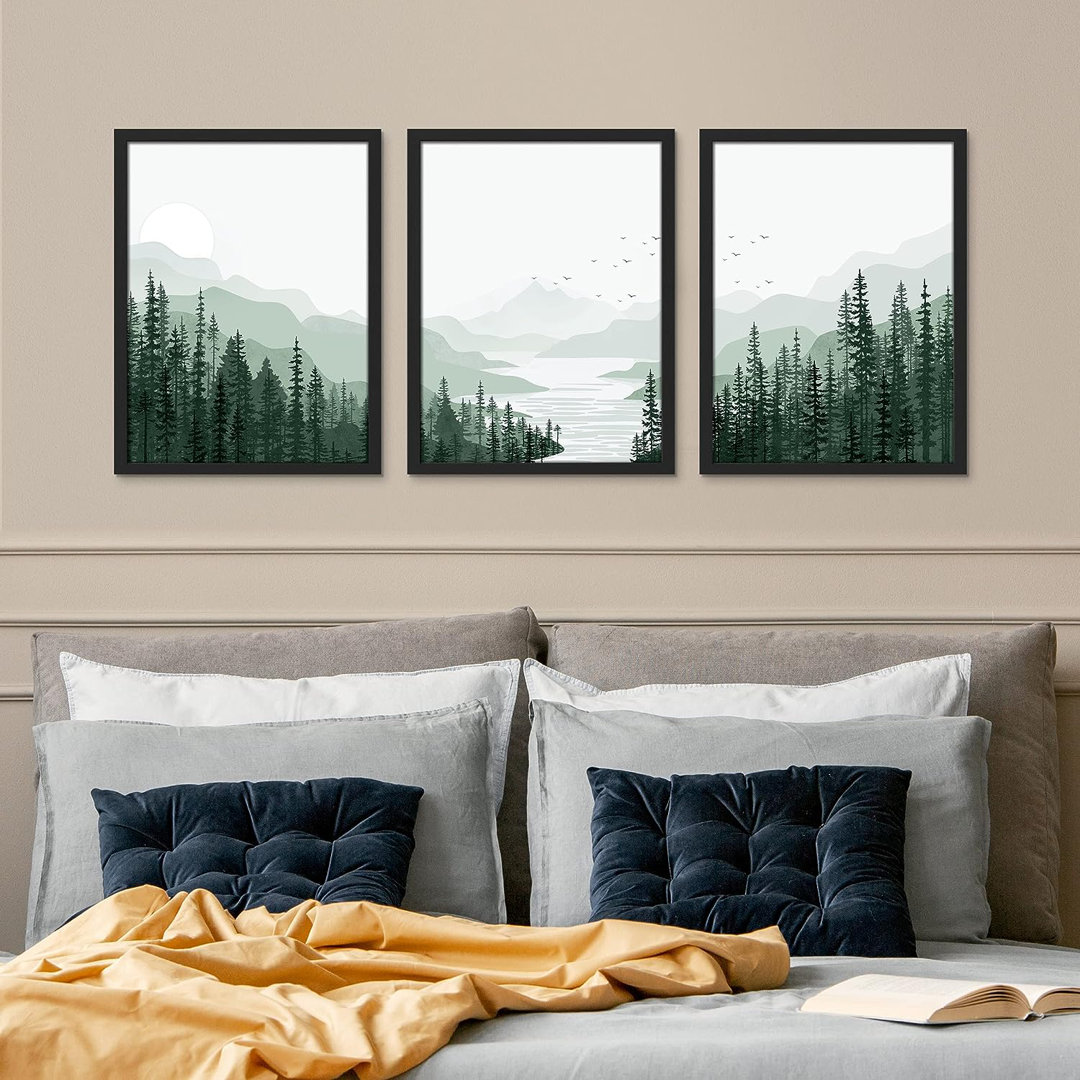 Woodland Forest Landscape IDEA4WALL Frame Sage Green Mountain Range Pine Tree Forest Wall Art, Set Of 3 Nature Wilderness Illustrations Wall Decor Prints Minimalist Wall Décor For Living Room, Bedroom 3 Pieces IDEA4WALL Frame 