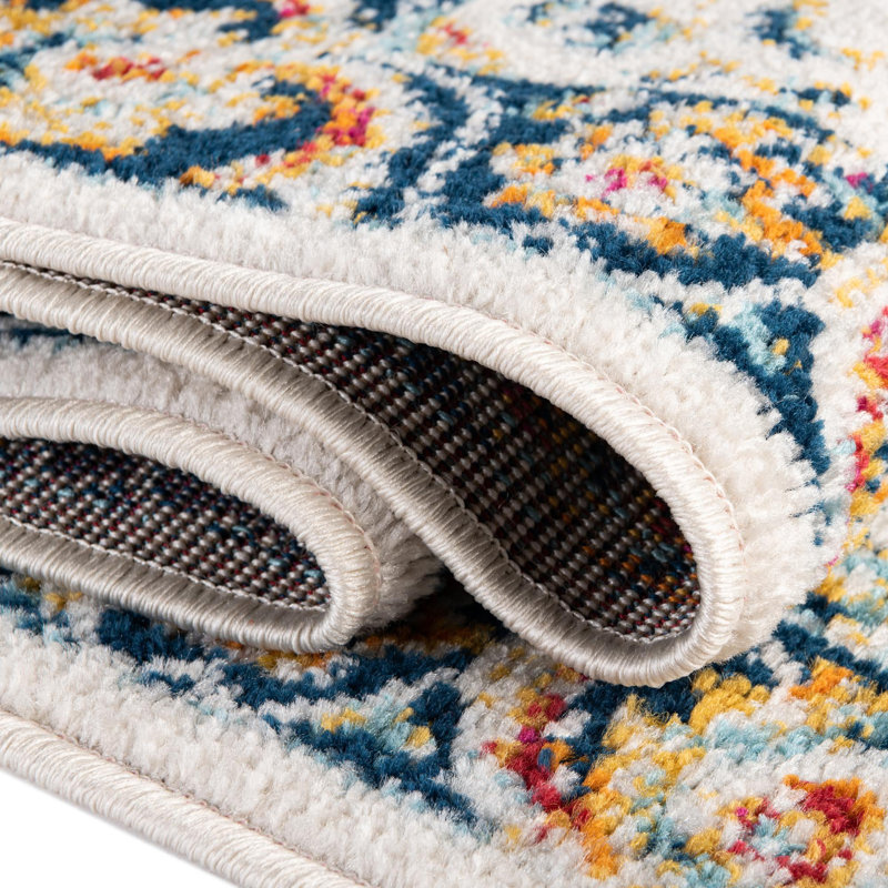 Tapis bleu / beige / orange tissé à la machine Arenas, Rectangle 3 pi x 5 pi 3 po