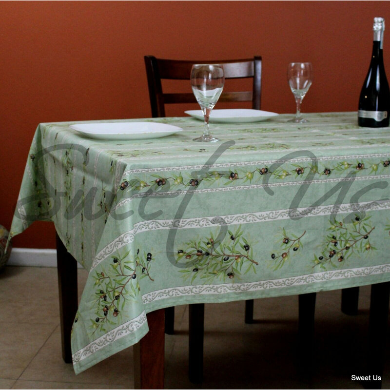 Wipeable Stain Resistant Acrylic Coated French Provencal Cotton Olive Floral Tablecloth, 116" x 60", Green