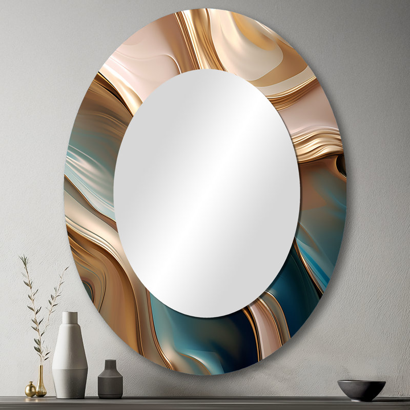 Tender Wave Harmony Liquid Gold And Turquoise I - Abstract Oval Decorative Mirror On Metal, 43" x 33"