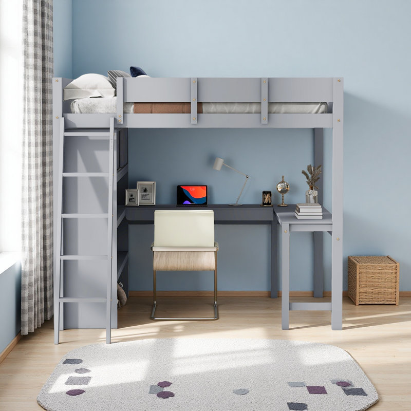 Lit mezzanine double avec bureau et tablette, Gris