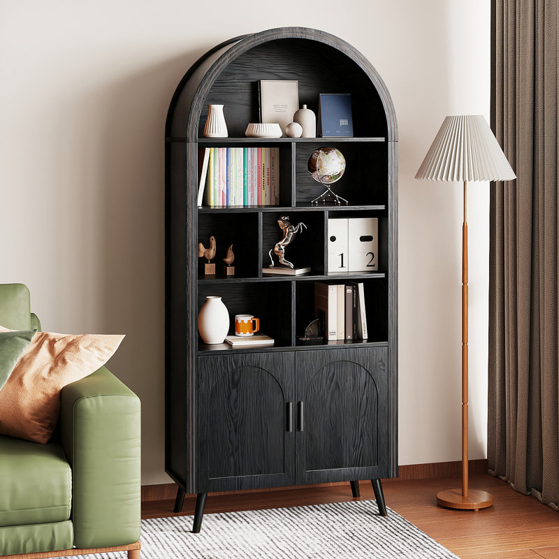 Bibliothèque arquée de 70,8 po de hauteur avec rangement, armoire Mid-Century moderne à 6 niveaux avec porte et tiroir, pieds en métal et poignées en métal, bibliothèque arquée avec tablette ouverte pour le salon de bureau