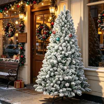 7 ft Snow Flocked Artificial Christmas Tree, 1124 Branch Tips, 45 Natural Pine Cones, Full Snowy PVC Foliage with Sturdy Metal Stand, for Seasonal Hol