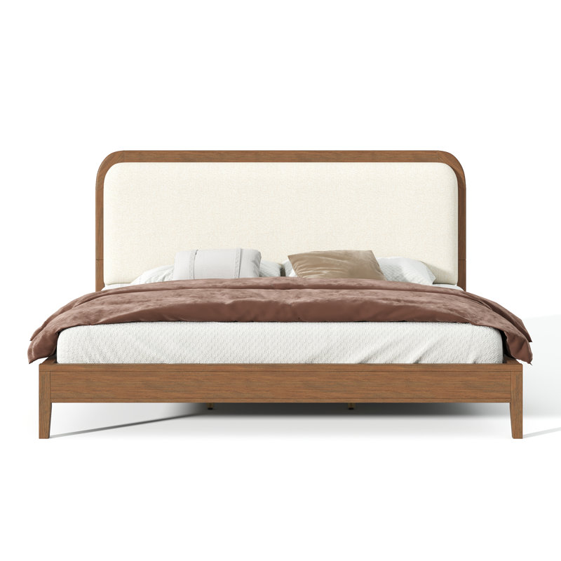 Anna Mid-Century Modern Acacia Wood Platform Bed with Upholstered Headboard, King