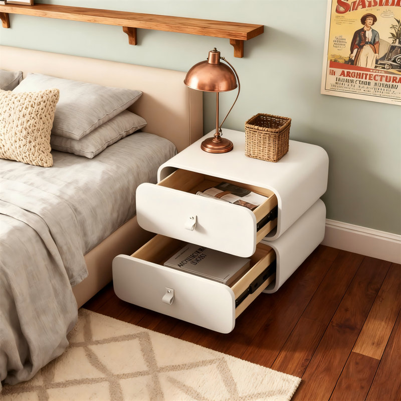 Modern Nightstand With 2 Drawers, Soft-close Fabric Upholstered Handle, Compact Bedside Table For Small Spaces, Wood Frame Storage Cabinet In White, Easy Assembly Required