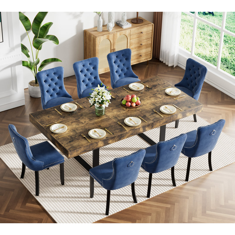Extendable Dining Table Set for 6, 63"-78" Inch Rustic Brown Kitchen Table Set with Tufted Chairs, Rectangle Farmhouse Expandable Dining Room Table Set for Kitchen Dining