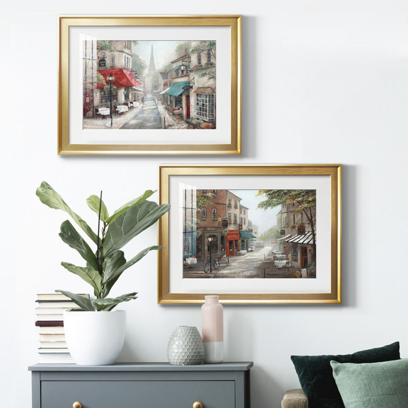 Eiffel View From Charlie's Café - Matted and Framed Under Acrylic Glass, Set of 2, Large Living Room Wall Art, Gold Framed