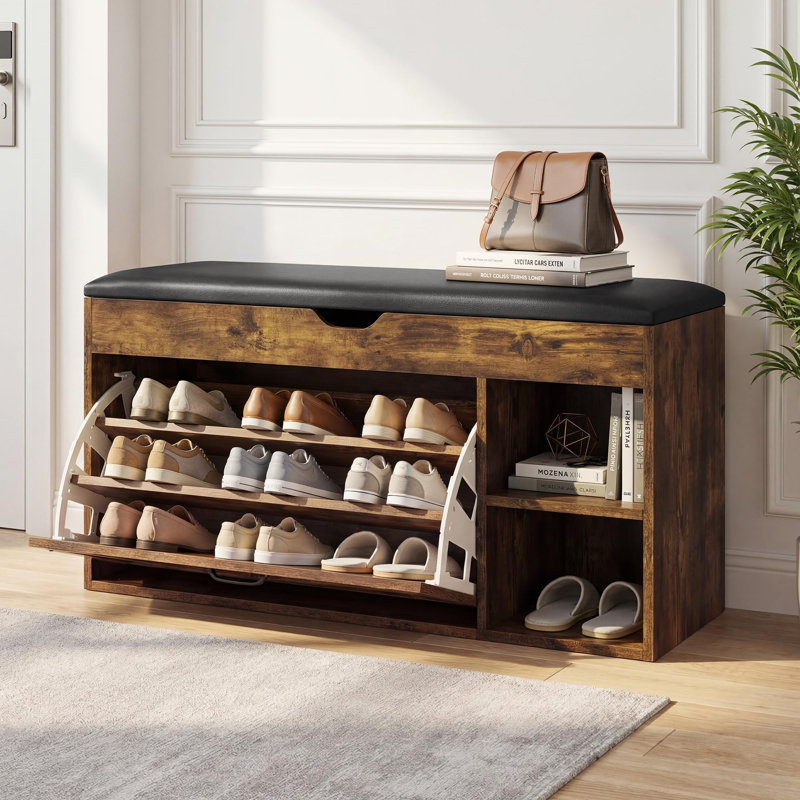 Leather Upholstered Bench with Shoe Storage