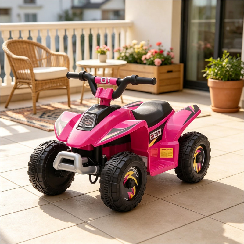 Quad rose 6V à piles pour enfants de 18 à 36 mois, cadre en acier PP, capacité de 44 lb, longueur 28,25