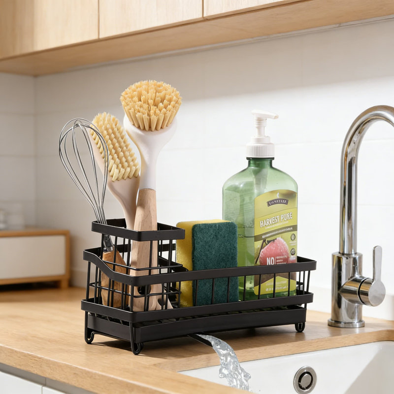 Organisateur d'évier de cuisine en acier inoxydable avec porte-brosse, panier à éponge à vidange automatique pour rangement sur comptoir et décoration de cuisine peu encombrante