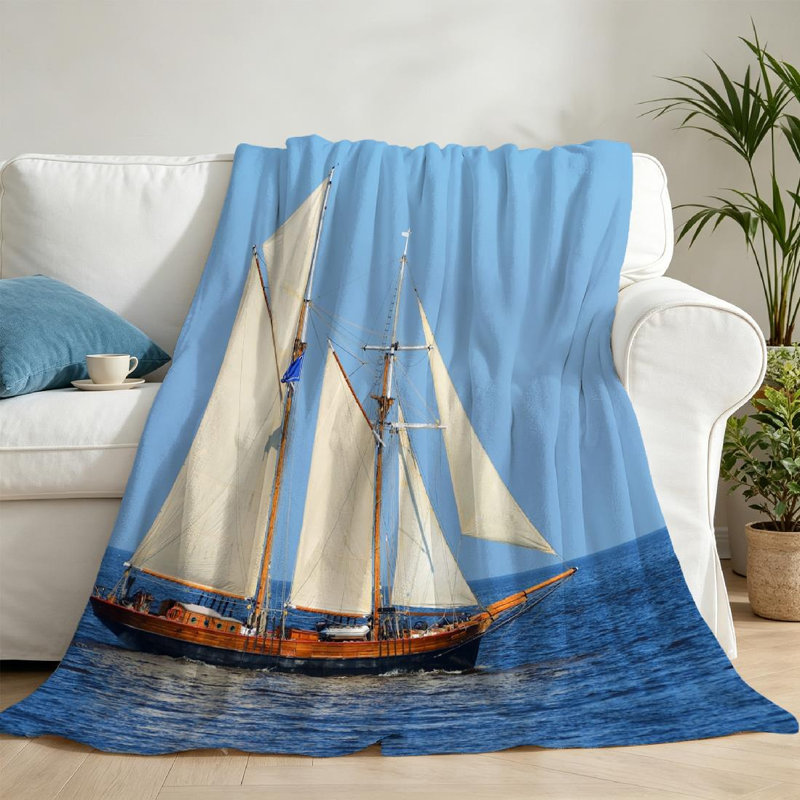Jeté en flanelle bleue ultra douce, imprimé d'un côté, grand voilier historique, Jeté 50 po x 60 po