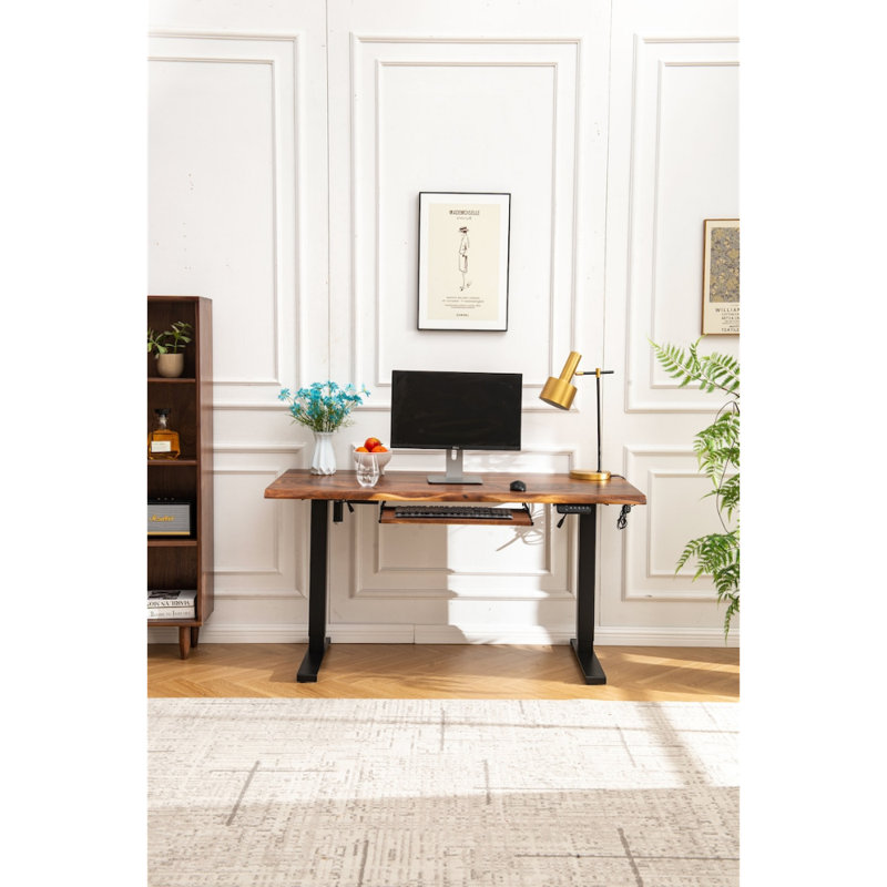  Adjustable Standing Desk with South American Walnut, Live Edge Desk with Keyboard Tray, 29.5" H x 46" W x 24" D, Black