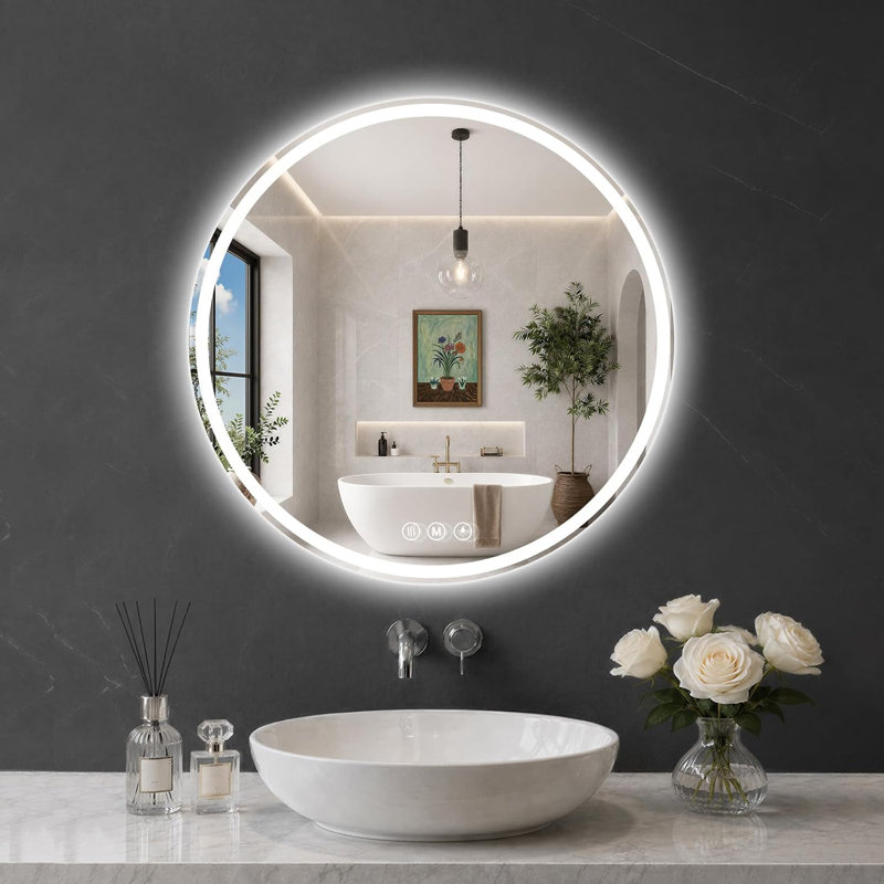 Miroir rond pour salle de bain à DEL, 28 po, verre trempé incassable HD