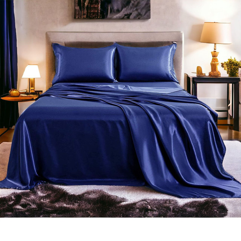 Satin Fitted Sheet, King Fitted Sheet with 2 Pillowcases, Blue