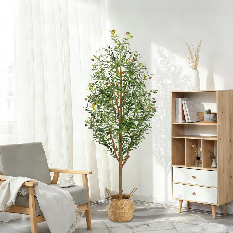 Arbre à olives artificiel de 71 po de hauteur, 6 pi, olivier artificiel réaliste avec des feuilles denses et un tronc naturel, arbre de sol en pot sans entretien pour la décoration de coin de bureau à domicile