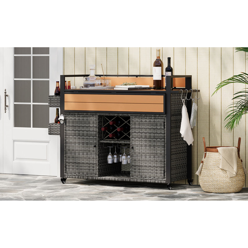 52.8"w Outdoor Grill Cart With Weather - , Wood Surface, Foldable Design, Multiple Storage Spaces, Wine Accessories Grey Rolling Steel Frame, Extended Table, Shelves,