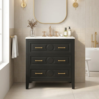  30" Retro Freestanding Single Bathroom Vanity with Ceramic Sink 3 Drawers and Solid Wood Frame Black