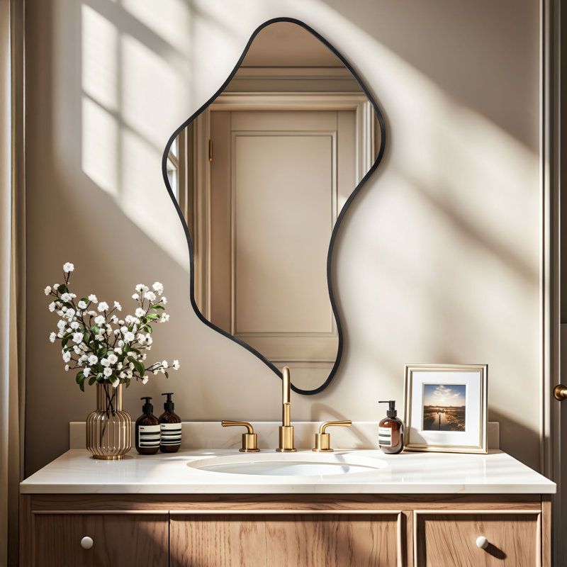 Luxury Asymmetrical Black Wall Mirror, Designer Irregular Bathroom Vanity Mirror with Sleek Aluminum Frame for Modern Interiors