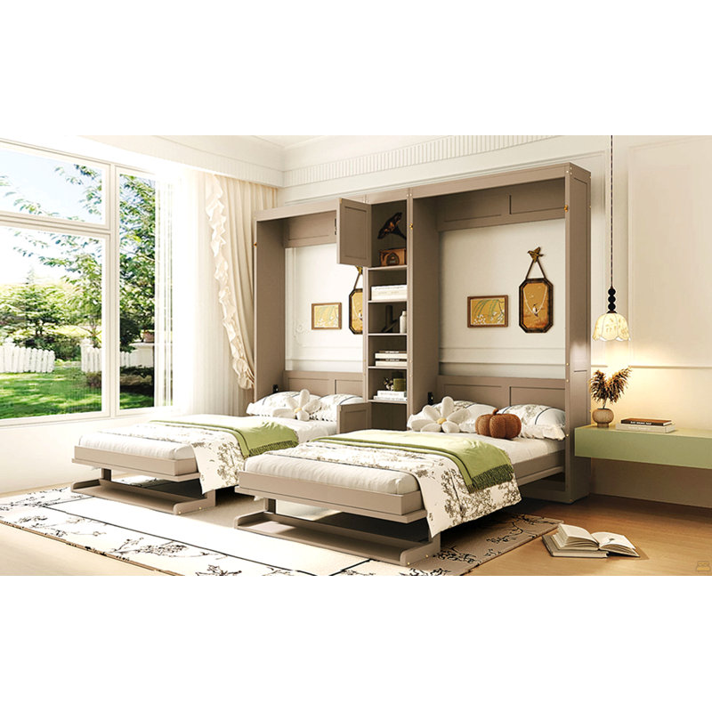 Double lit escamotable mural simple avec armoires et tablettes, gris antique