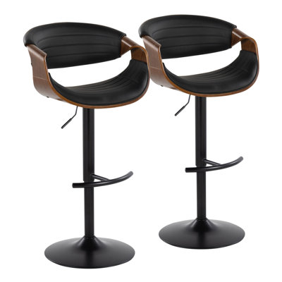 Tabouret de bar réglable Symphony Mid-Century avec pivot en métal noir, bois de noyer et similicuir noir avec repose-pieds arrondi en T par Lumisource - ensemble de 2