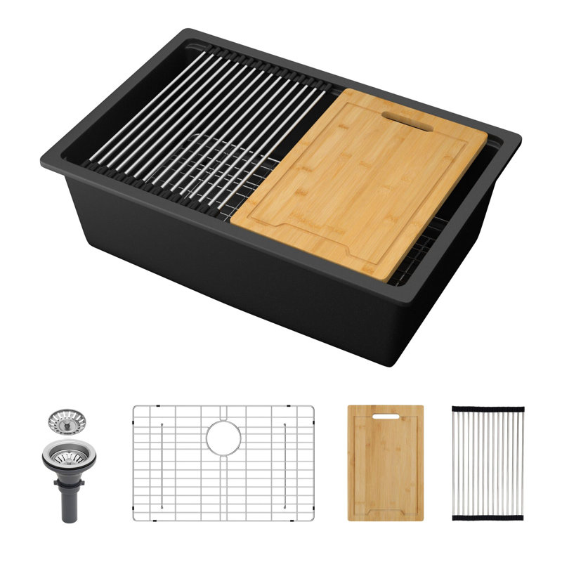 28" x 19" Undermount Single Bowl Quartz/Granite Composite Kitchen Sink with Workstation, Matte Black