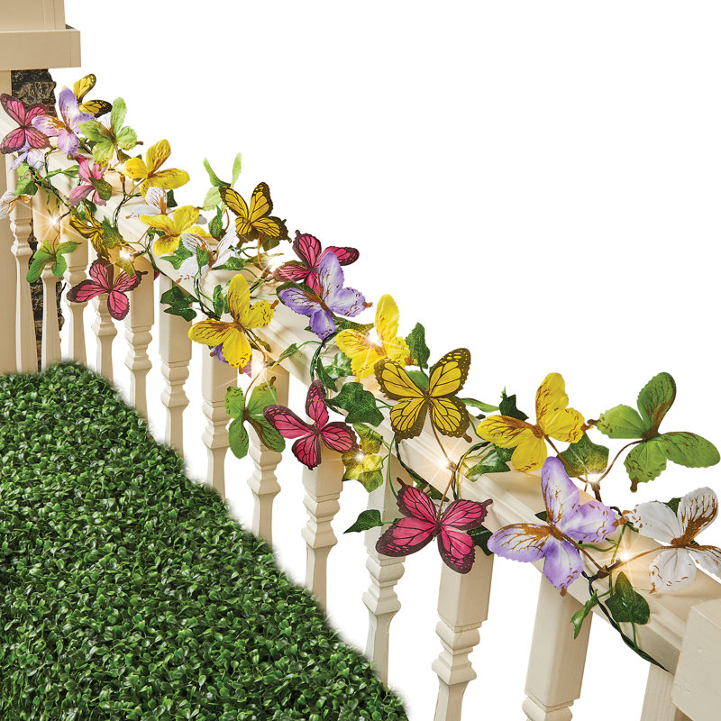 Solar LED Lighted Multicolor Butterfly Garland with Greenery, 116"