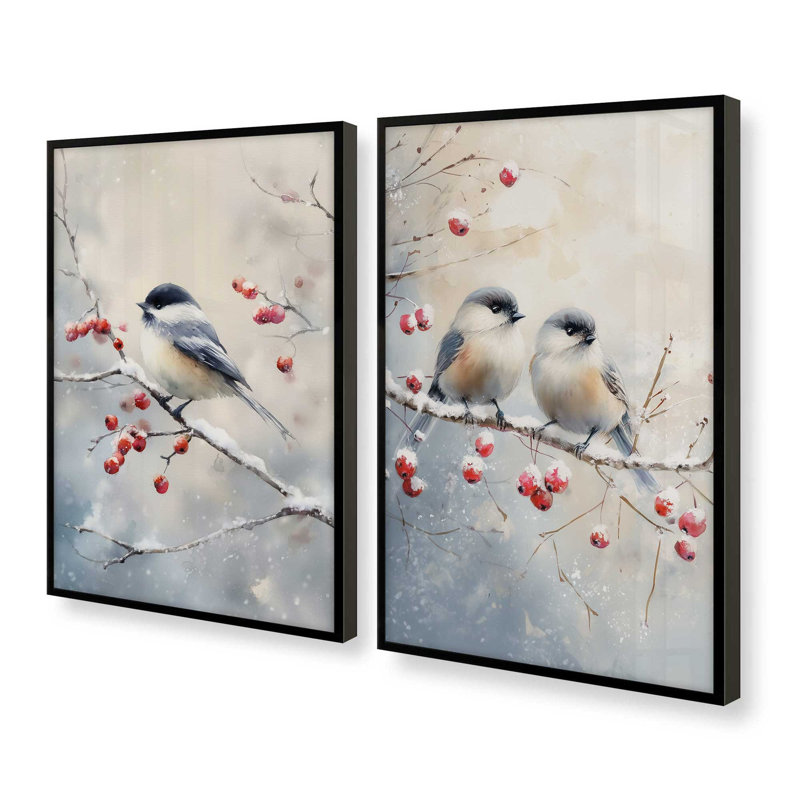 Winter Birdbirds, ensemble de 2 reproductions d'art, H 15,5 po x l 25 po, Noir satiné