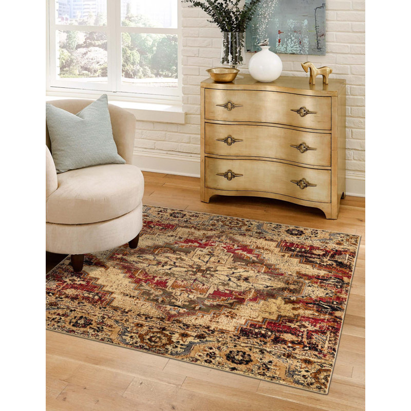 Tapis oriental bourgogne / beige / vert / gris Alameda, Carré 5 pi 3 po