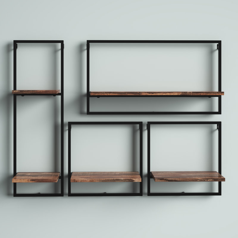 Rustic Black Metal Frame Floating Wall Shelf Set