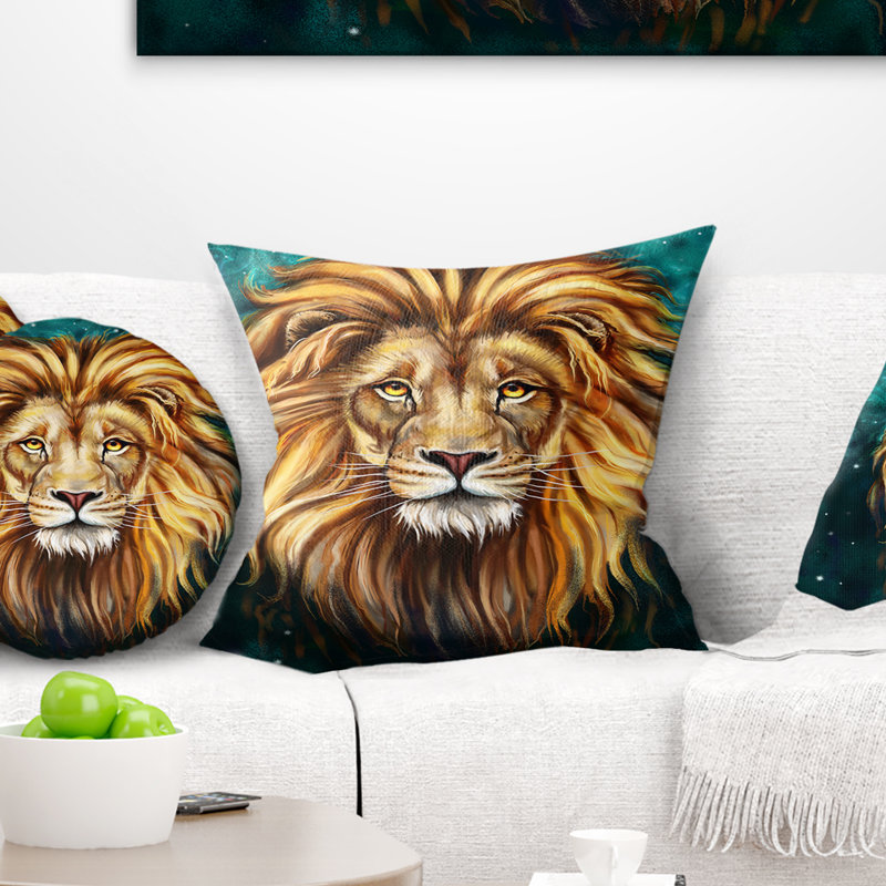 Tête de lion en bleu - coussin imprimé animal, 16 po x 1 po, Coussin décoratif