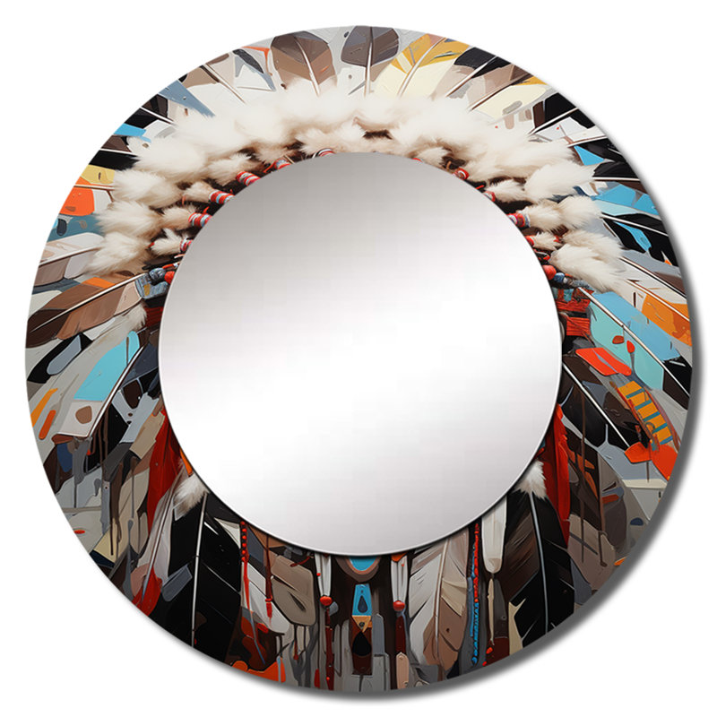 Sharaven Native American Warrior Portrait I - Native American Art Mirror, Red Round Unique Wall Mirror, Printed Metal Art