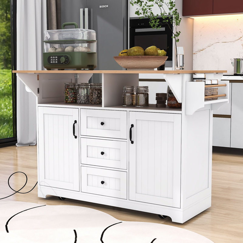 Chinita Versatile Dual Folding Kitchen Island Cart with Storage and Built-in Charging Station, White